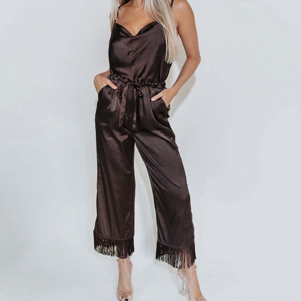 Kittenish brown silk jump suit